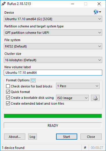 Rufus interface used to create a bootable USB drive